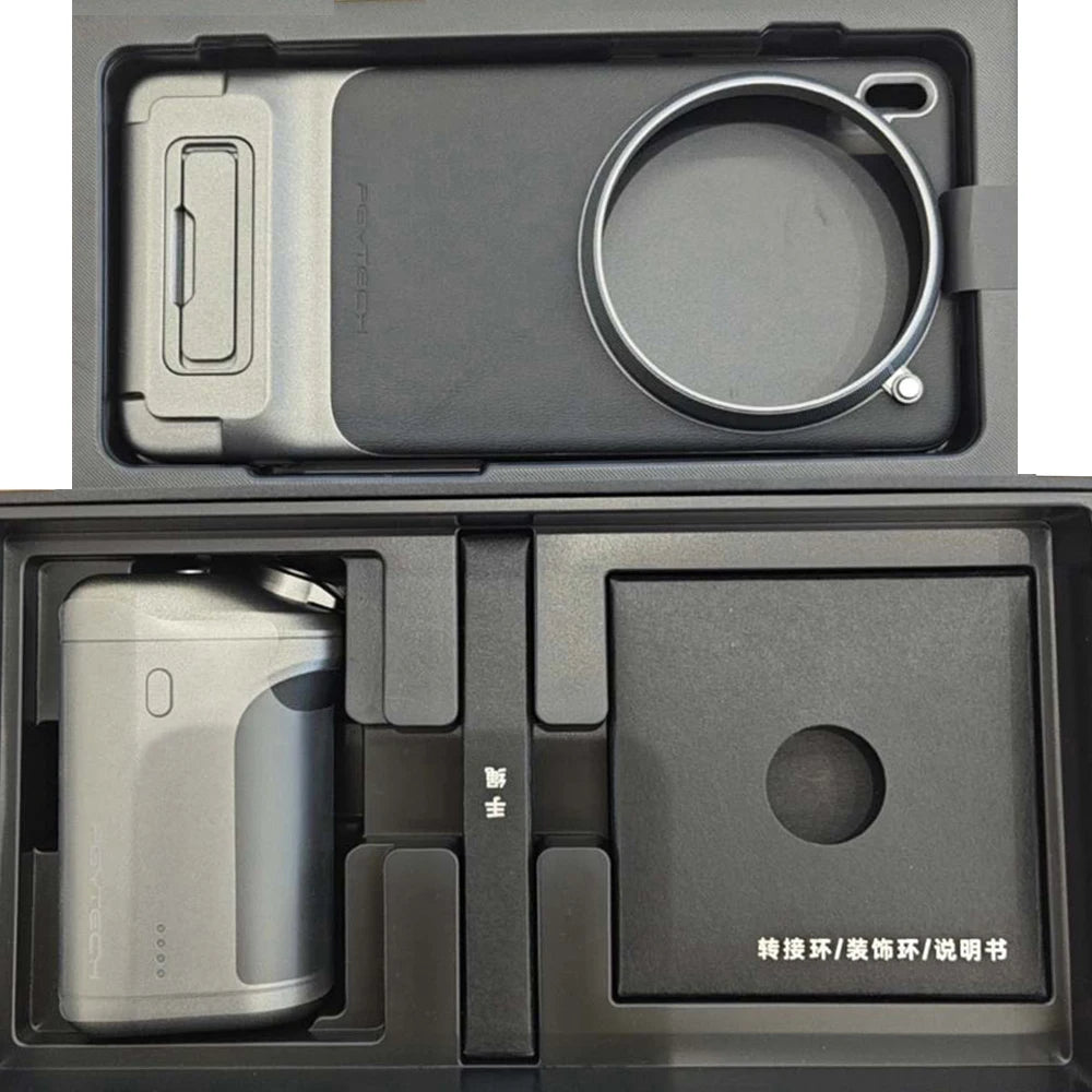 Black and silver smartphone case, lens adapter ring, and metallic camera grip in a fitted storage box.