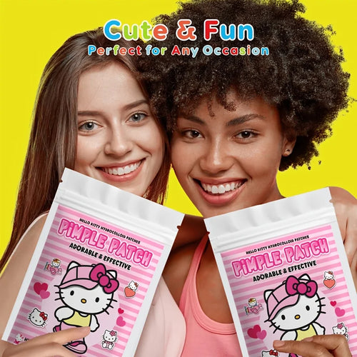 Hello Kitty hydrocolloid acne patch packets shown, pink “Pimple Patch” designs on sachets