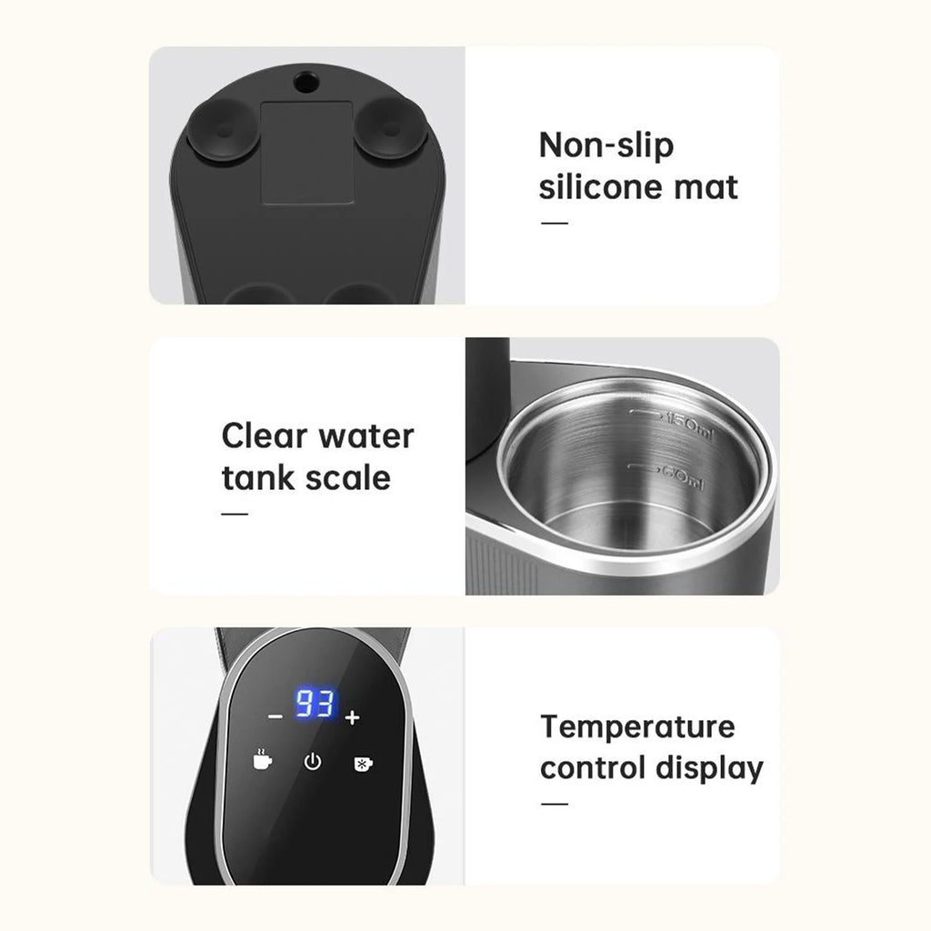 Black electric coffee maker features: non-slip silicone base, 150ml steel water tank, and digital temp control display.