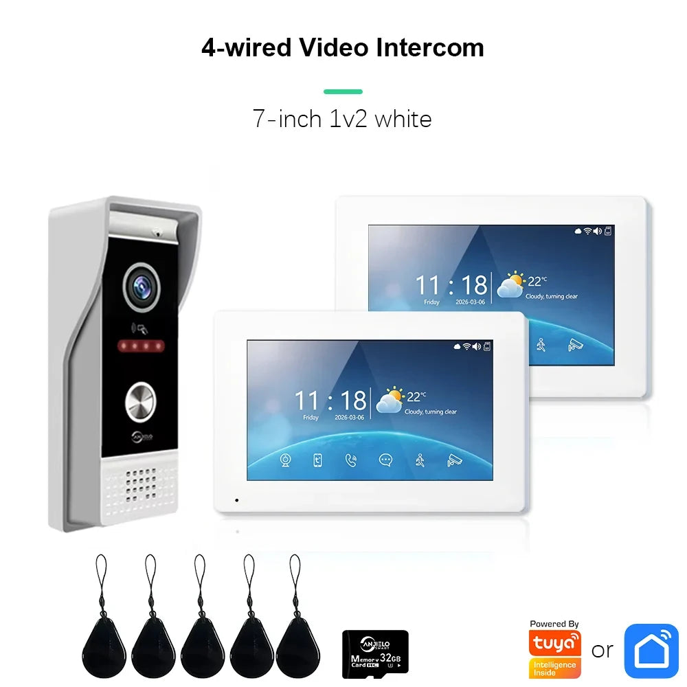 7-inch 4-wire video intercom kit with white indoor monitor, door unit, and key fobs