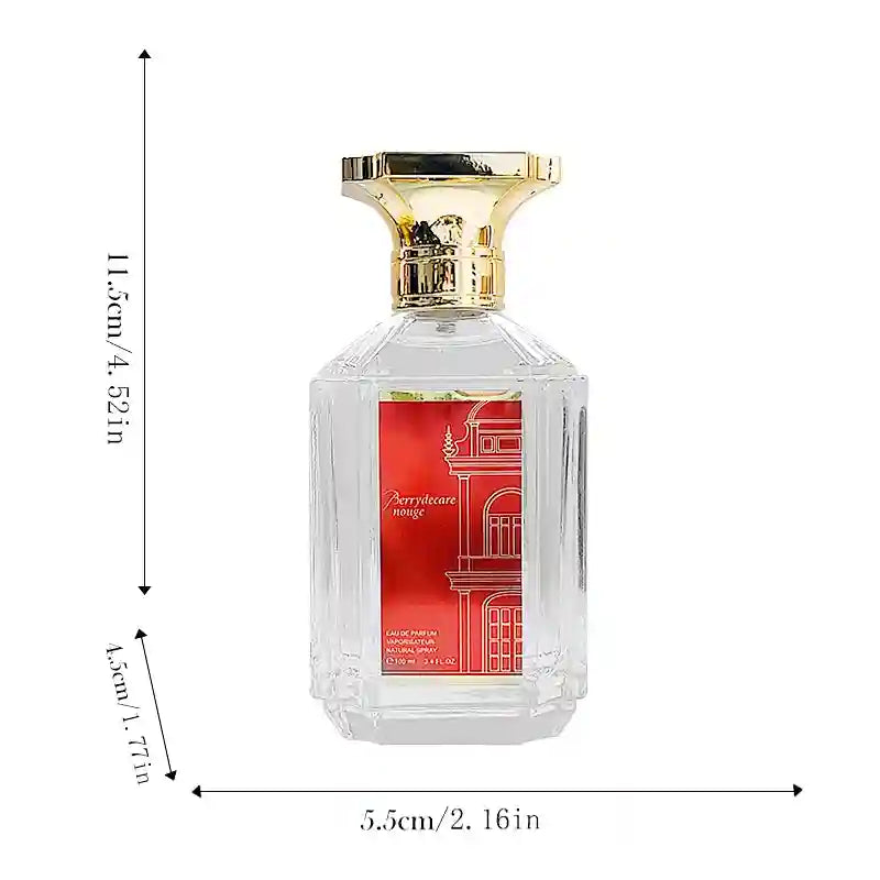 Berrydecare Rouges 100ml EDP for women. Oriental woody saffron perfume in a hexagonal glass bottle with gold cap.