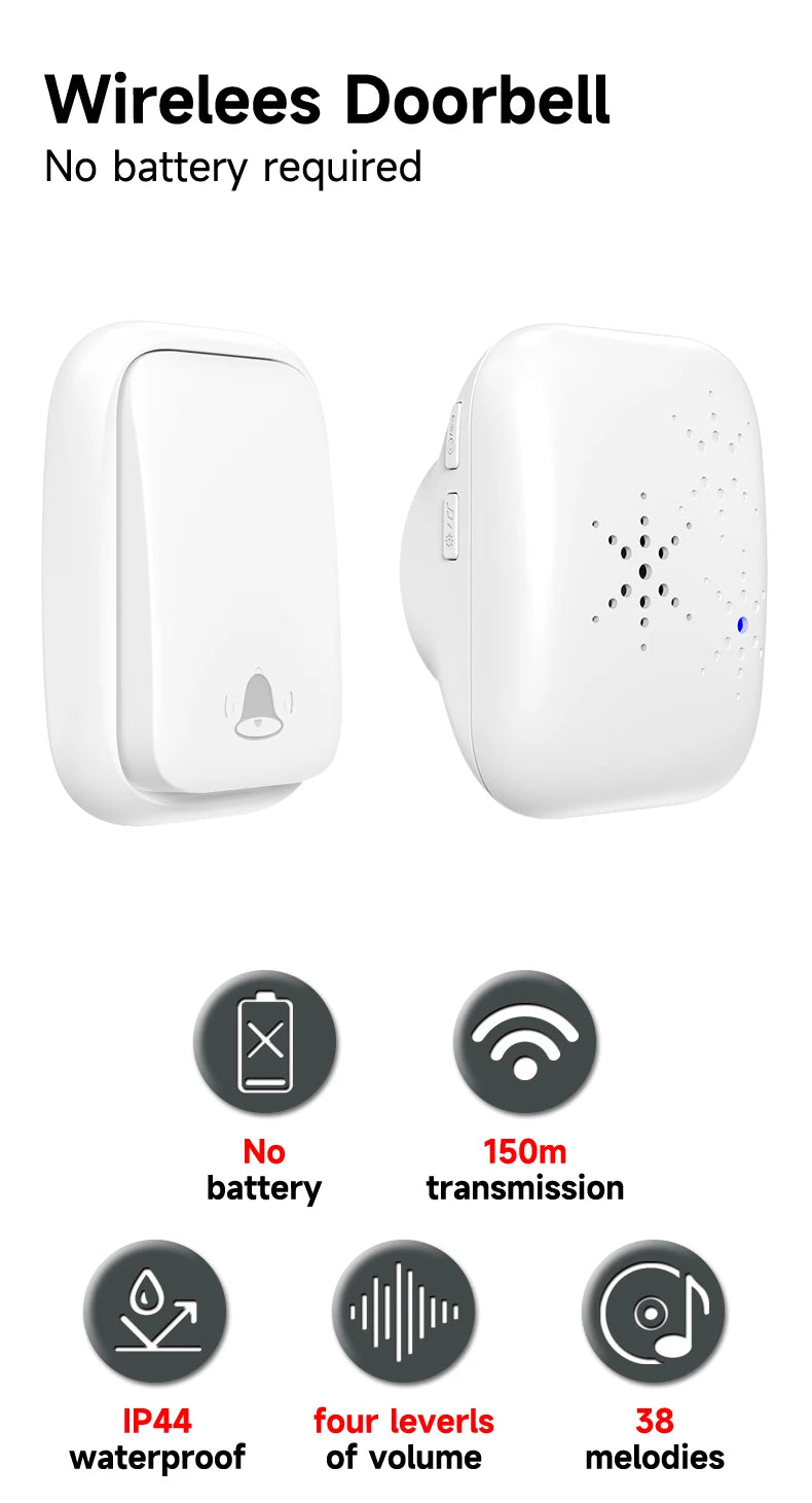 Wireless Doorbell 38-Chime 90db  Self-Generating Power Waterproof Remote Modern Design Kinetic Energy Door Bell EU US UK Plug