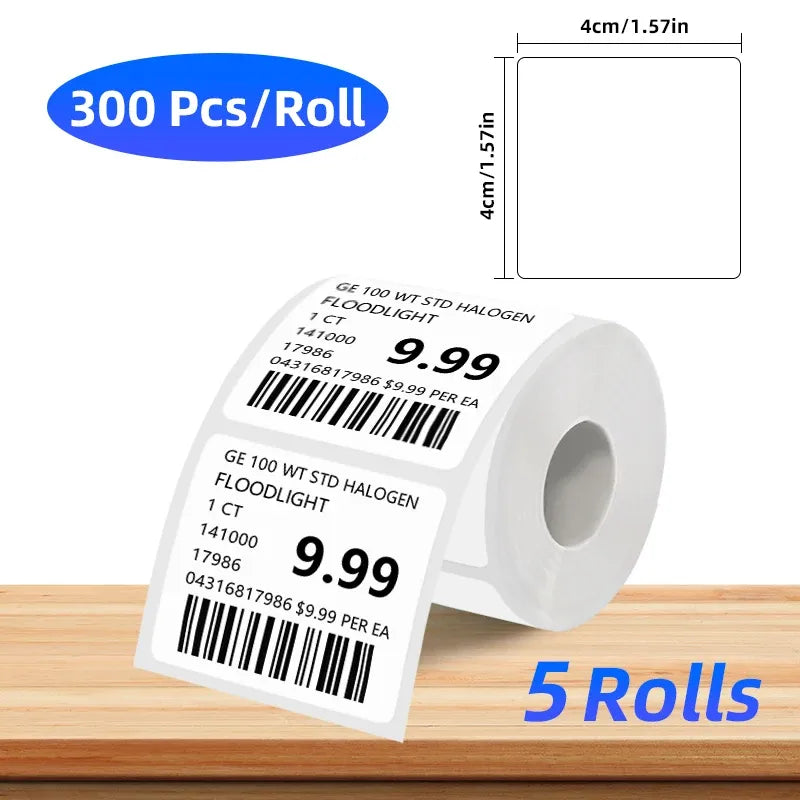 Coreless white thermal label roll with 300 labels per roll, barcode label template