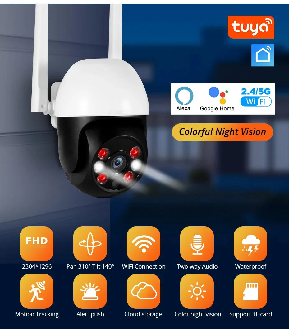 5MP TUYA PTZ WiFi IP Wireless Camera Outdoor Home Security Auto Tracking Monitoring Waterproof Video Surveillance Smart Life