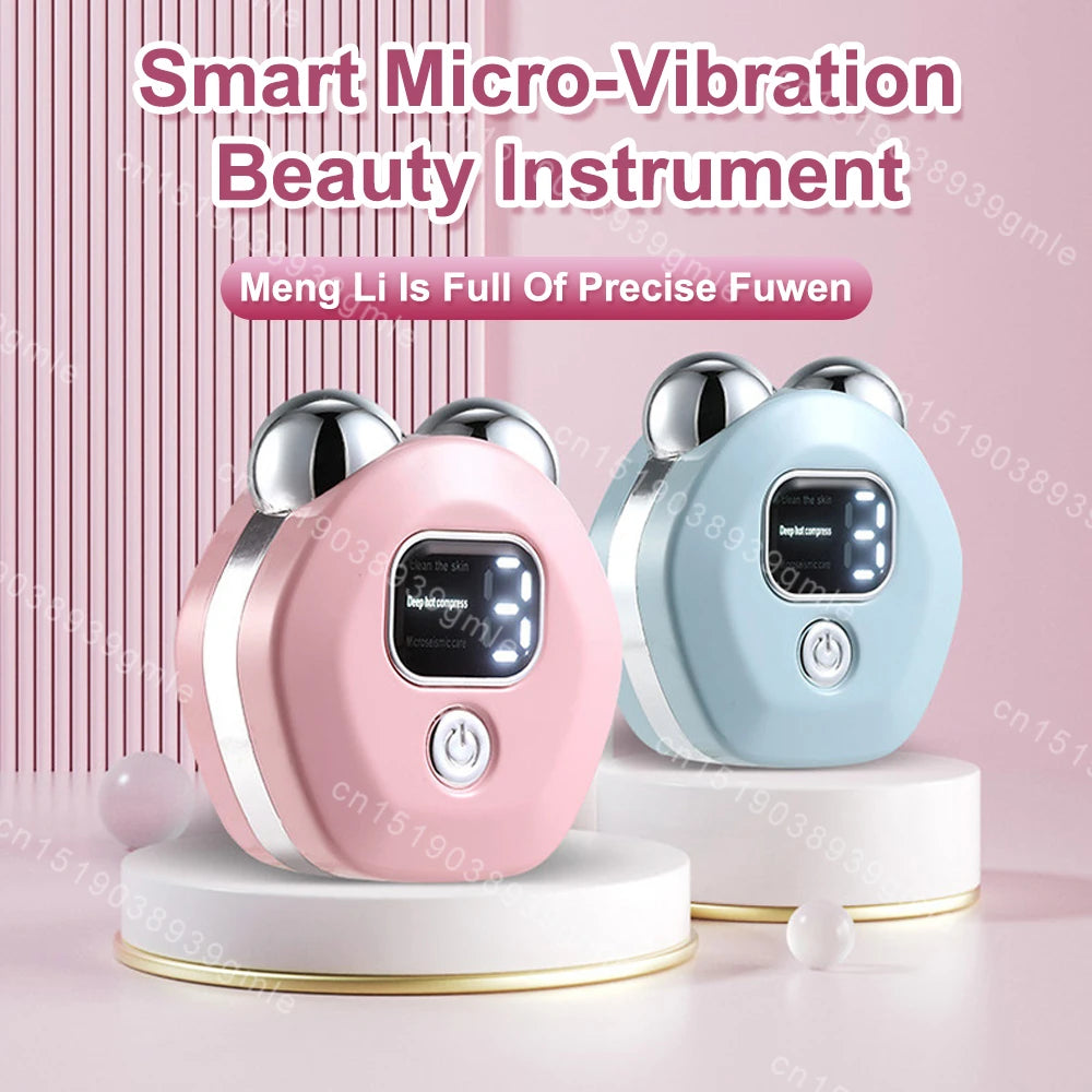 Pink and blue bear-shaped facial massagers with two silver metallic rollers, a digital display, and a power button.