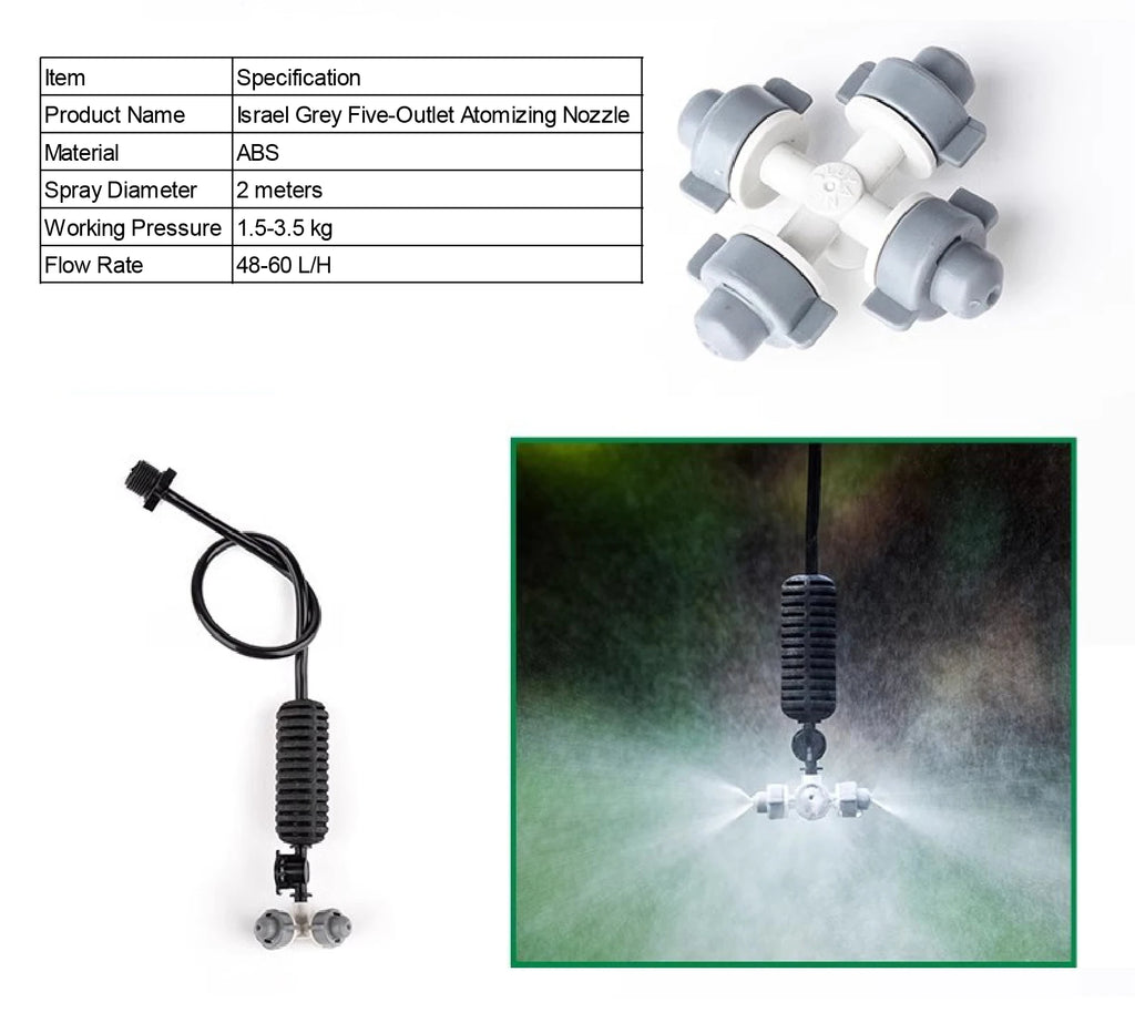 Rotating atomizing nozzle with white ABS body, black hose, and fine mist spray