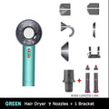 Green leafless high-speed hair dryer with 7 magnetic styling attachments and stand for professional salon results.