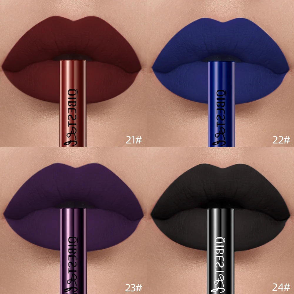 Matte liquid lipstick swatches in red, blue, purple, and black with velvet, waterproof, long-lasting, non-stick finish.