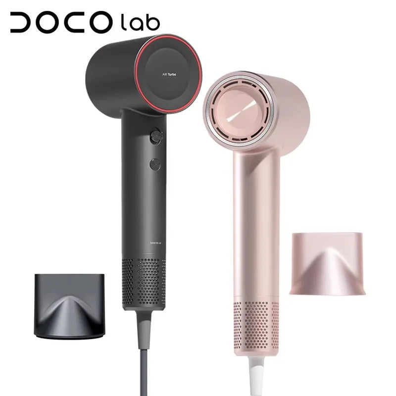 DOCO high-speed hair dryers in black and pink with magnetic styling nozzles for professional, ionic salon-style hair.