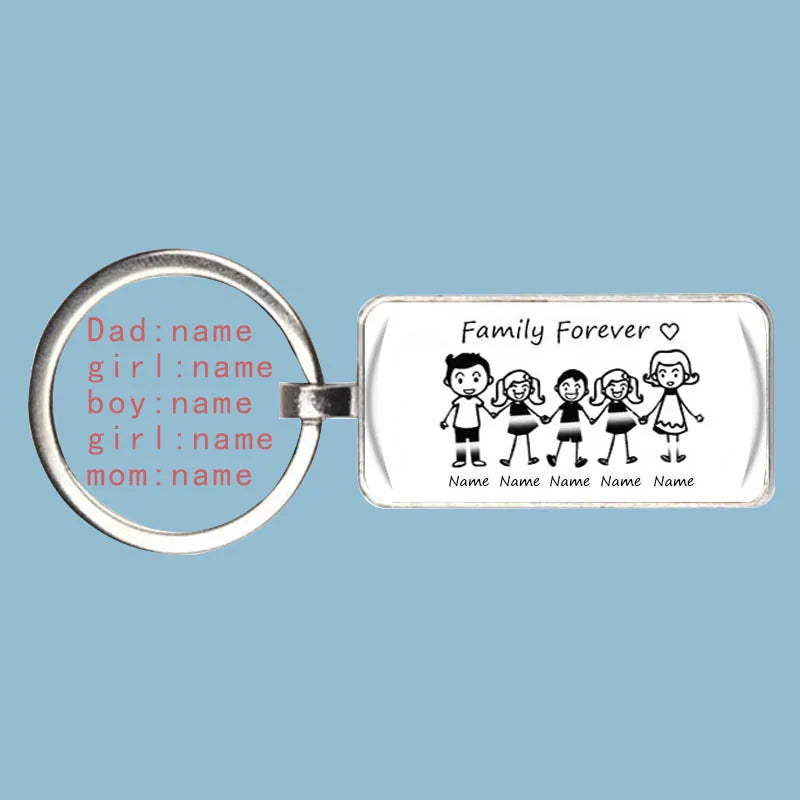 Personalized silver family keychain with stick figure illustration, a custom meaningful gift for parents and kids.