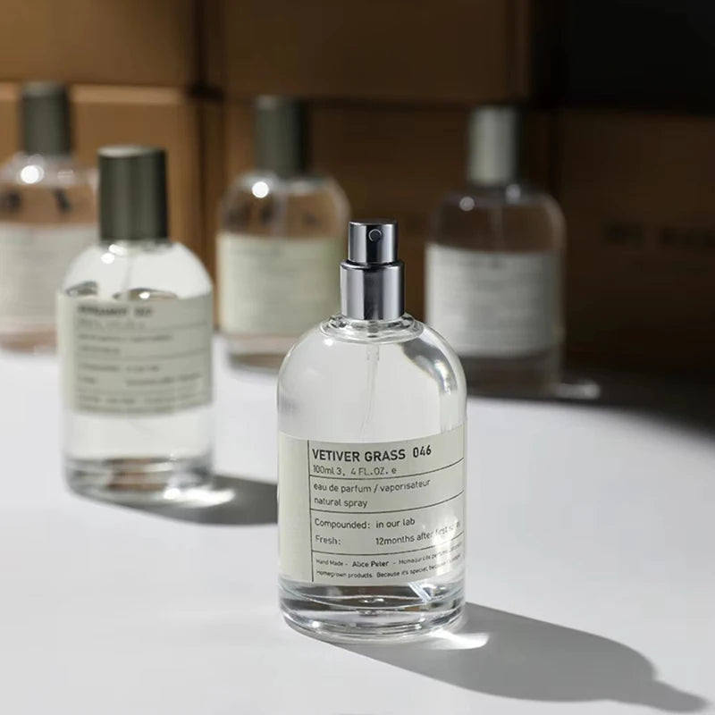 Alice Peter Vetiver Grass 100ml EDP: Unisex, fresh sandalwood & fruity notes in a clear glass apothecary bottle.