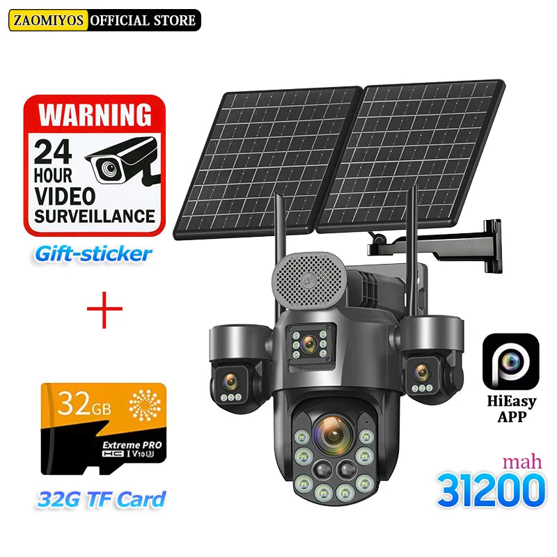60X Optical Zoom Home Surveillance Solar Cameras 4G Security Protection Auto Track  24/7 Record 4 Screen/4 Lens CCTV PTZ Camera