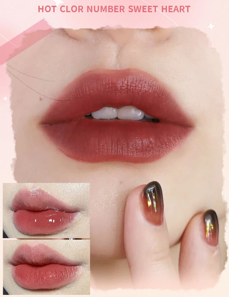 Double-headed waterproof lip gloss featuring matte velvet and glossy mirror finishes in a rose-toned shade.