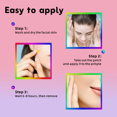 Star acne patches with step-by-step application on face, ultra-thin pimple stickers