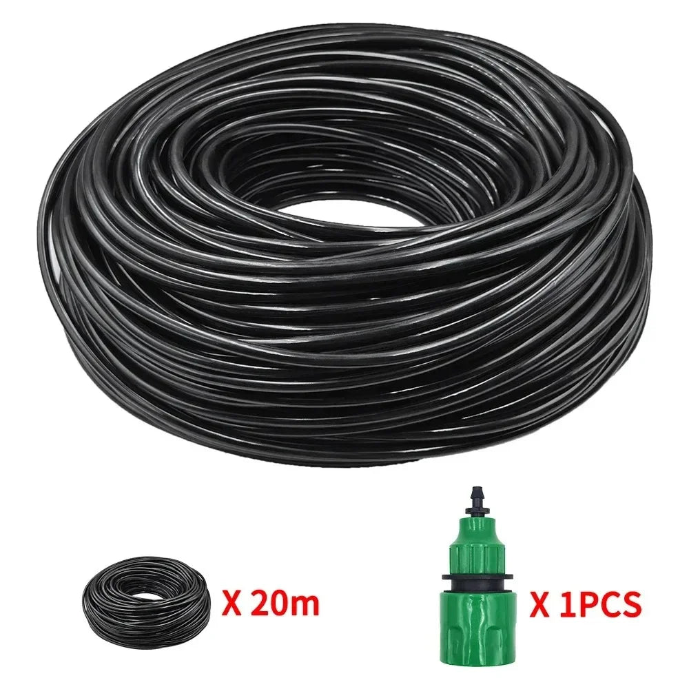 Black drip irrigation PVC hose coil with green connector, 20 m