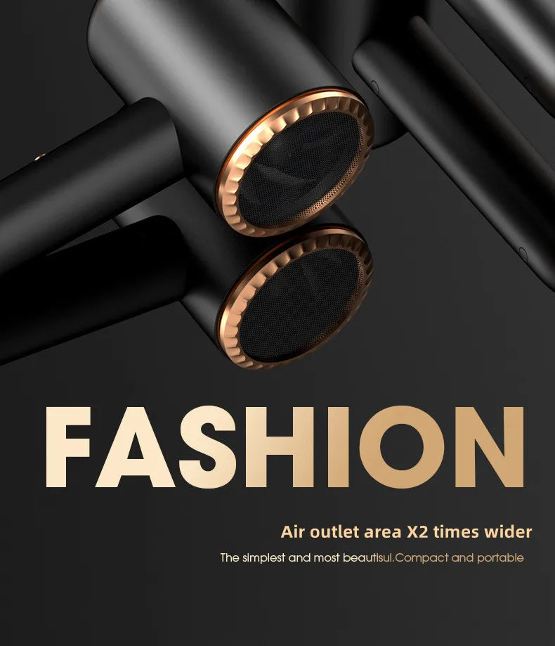 Black 2400W high-speed negative ion hair dryer with sleek gold accents and wide airflow outlet for salon-quality drying.