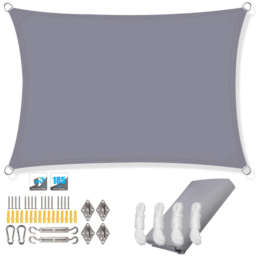Rectangle sun shade sail canopy in light gray with corner loops and included kit parts