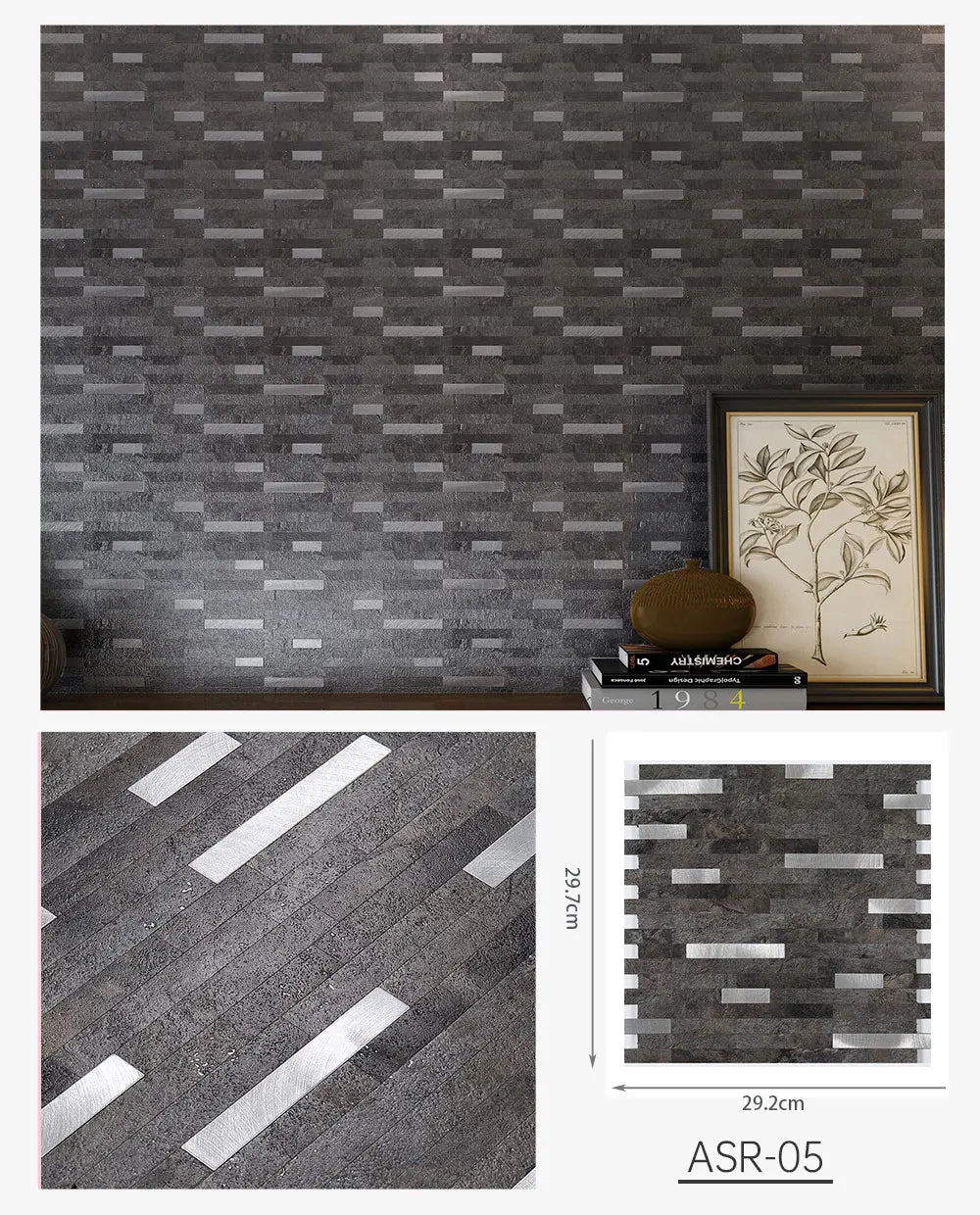 Peel-and-stick backsplash tiles in dark gray brick pattern with light stripe accents, PVC