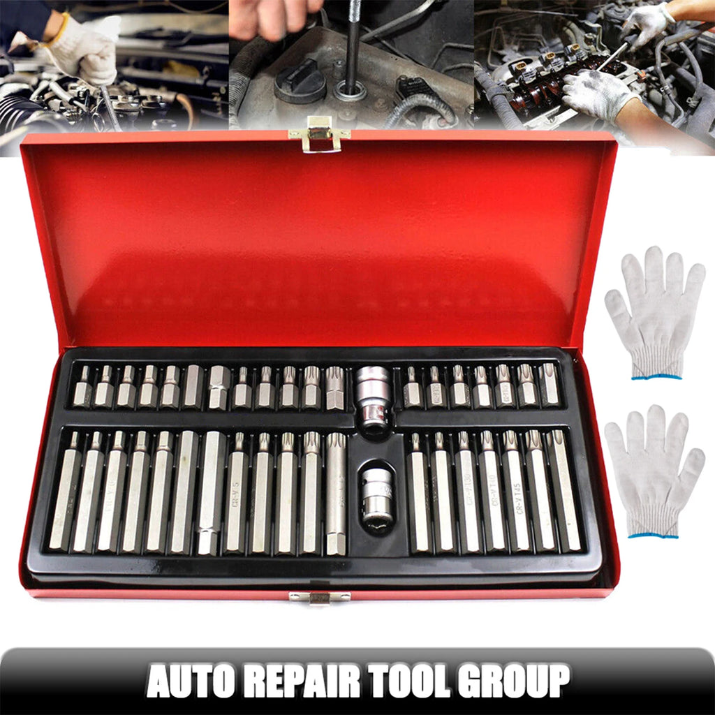 40PCS Torx Hex Spline Bit Socket Set with 1 Pair Work Gloves, CR-V Steel Drive Bits with Red Metal Storage Box, Professional Auto Repair Mechanic Tool Kit Compatible with Ratchet Wrench, Electric Drill for Garage DIY Househol