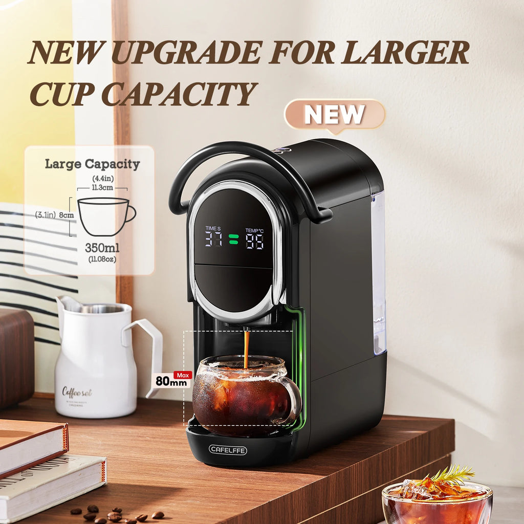 Cafelffe black coffee maker with digital display for 350ml large cup capacity and 80mm maximum cup height.