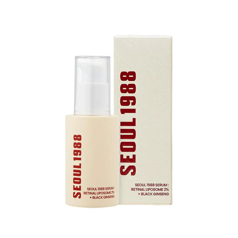 Seoul 1988 serum bottle and carton, beige pump bottle with red 1988 text