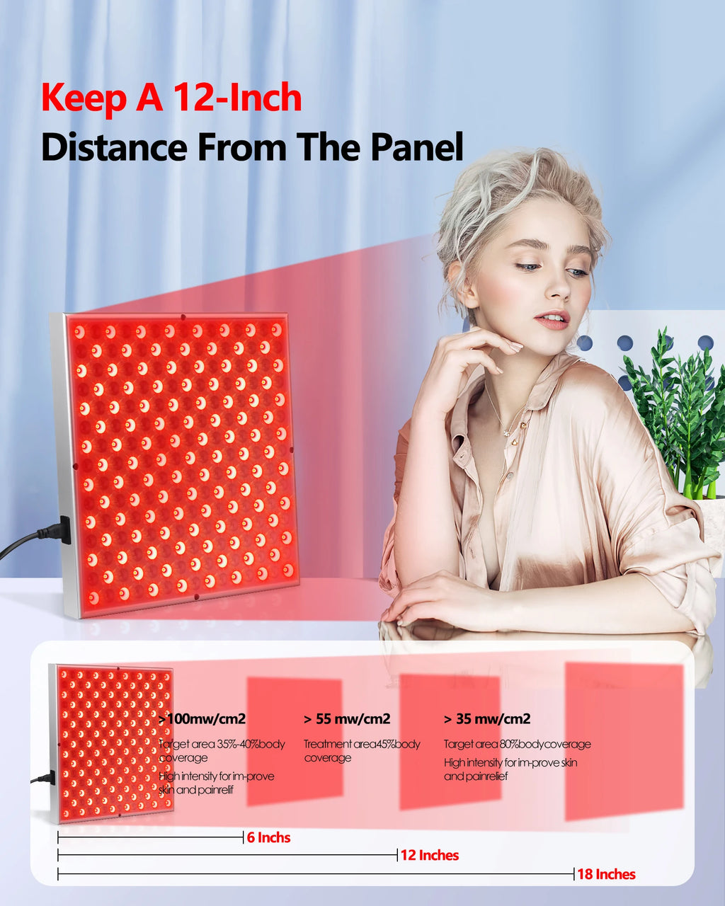 Square red light therapy panel with 225 LED bulbs, shown with an infographic illustrating distance and intensity.