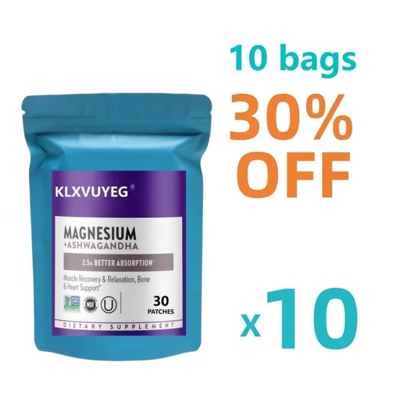 Magnesium, KLXVUYEG Magnesium + Ashwagandha Supplement, Muscle Recovery, Heart & Bone Health, Calm & Relaxation, 30 Patches