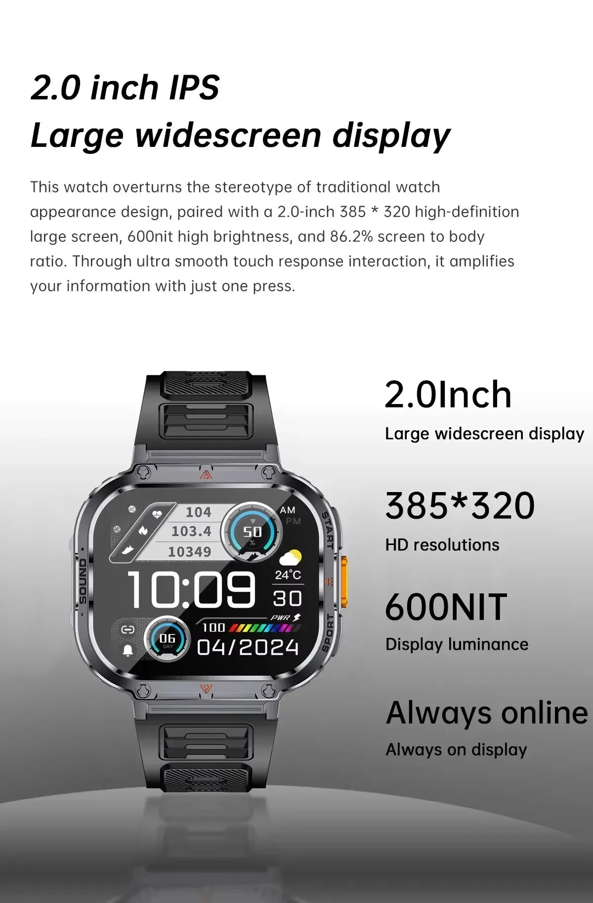 New Smart Watch Men LED Light Flashlight BT Call Music Player Sport Fitness Bracelet Calories Ultra Large Screen Smartwatch