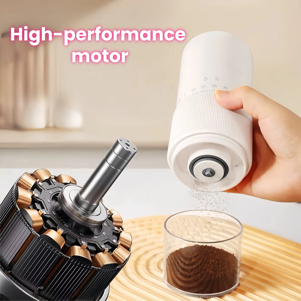 White portable electric coffee grinder with high-performance motor, adjustable settings, and clear grounds container.