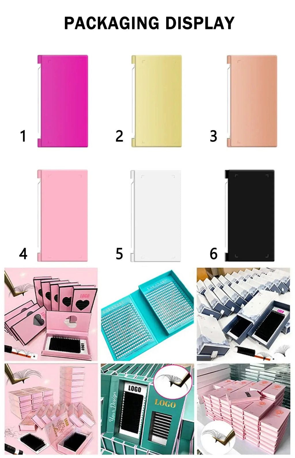 Grid showing assorted colored eyelash extension packaging cases, trays of premade volume lash fans, and stacks of boxes.