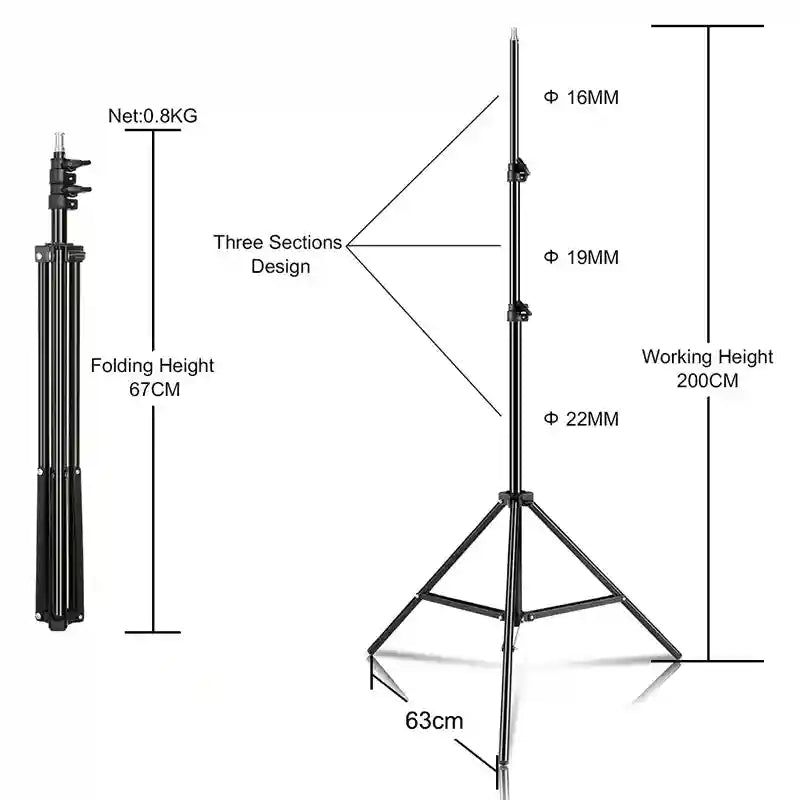 Black aluminum light stand for photography, foldable with three sections, 67cm folded and 200cm maximum working height.