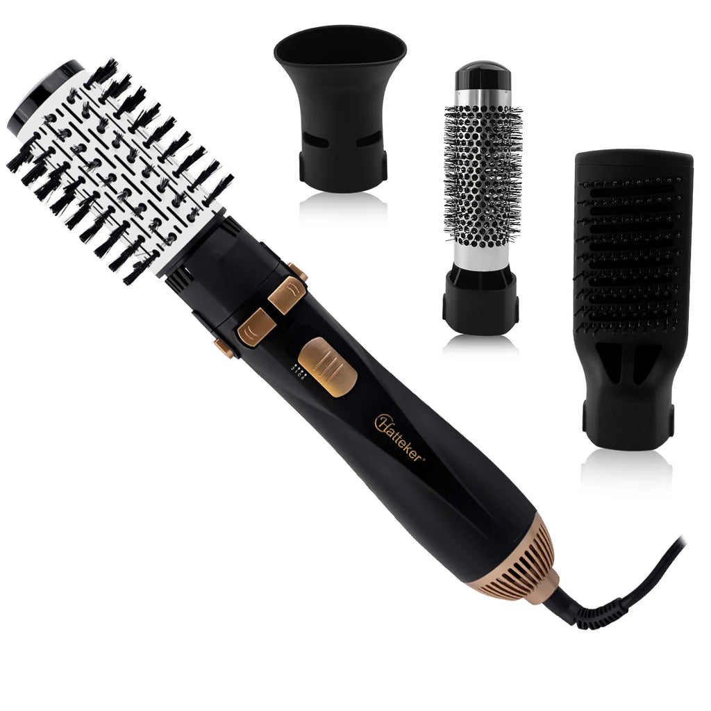 Hatteker 4-in-1 hot air brush set in black and gold with dryer, curler, and styling brush attachments for hair.