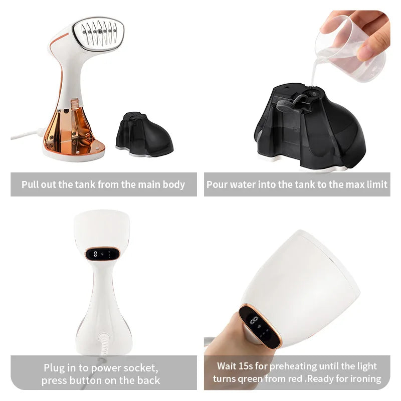Tidesmit 1800W portable garment steamer showing touch screen display and 320ml water tank for fast fabric ironing