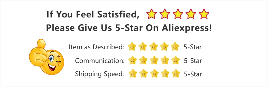 Aliexpress 5-star review request graphic featuring a thumbs-up emoji and rating categories for customer feedback.