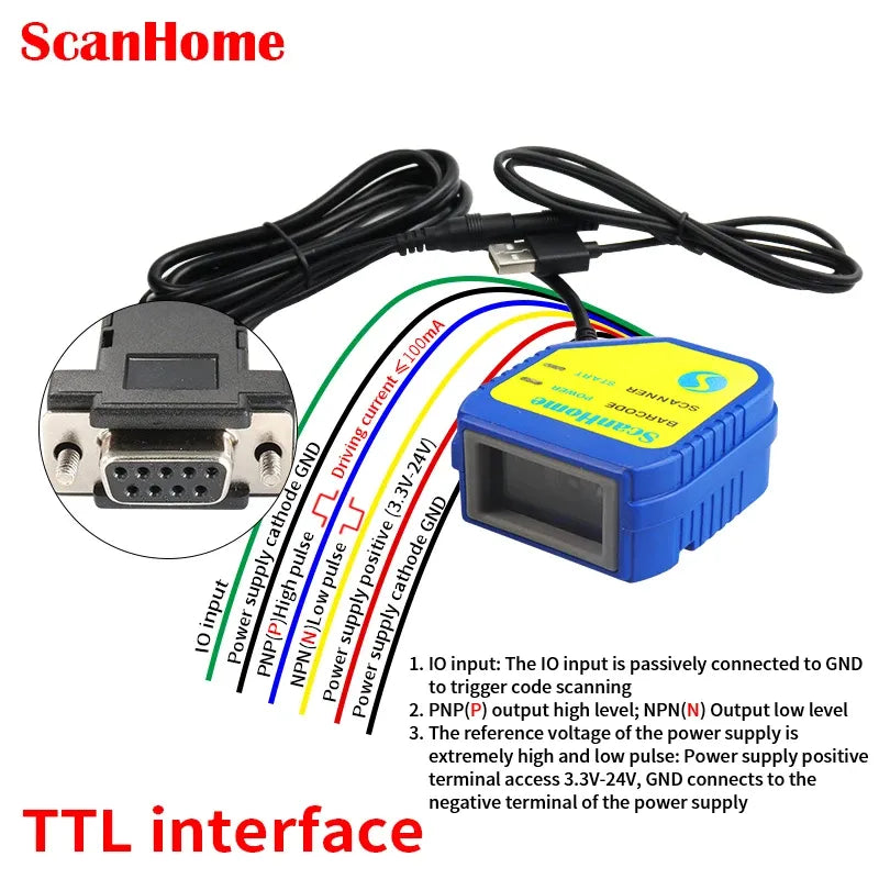 Blue fixed-mount barcode scanner module with black cable and connector port close-up