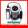 Black LED macro ring light attached to a camera lens, with power bank and inline controller for close-up photography.