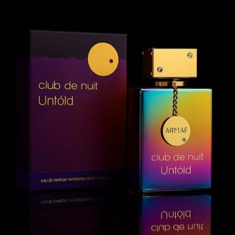 Armaf Club de Nuit Untold 105ml EDP: iridescent square bottle, luxurious gold cap, seductive men’s fragrance cologne.