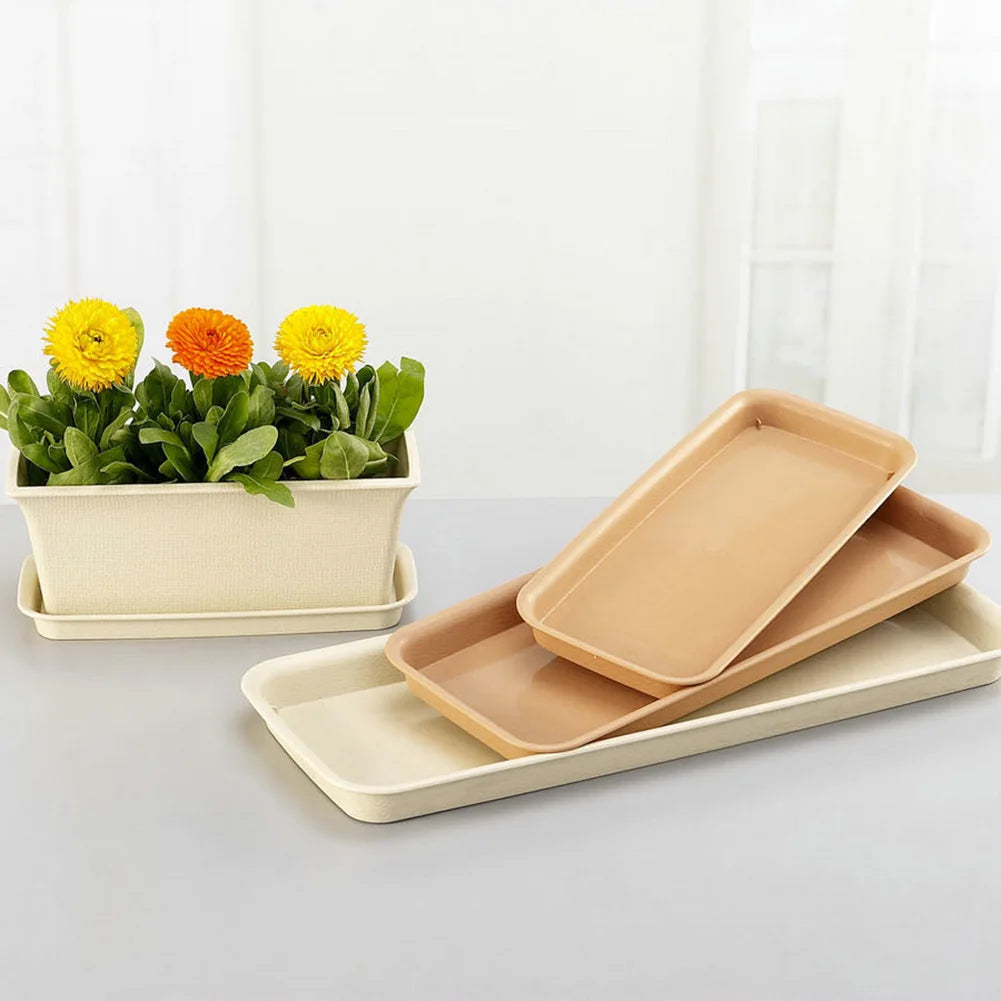 Rectangular plastic plant water tray display in beige and brown with rounded corners