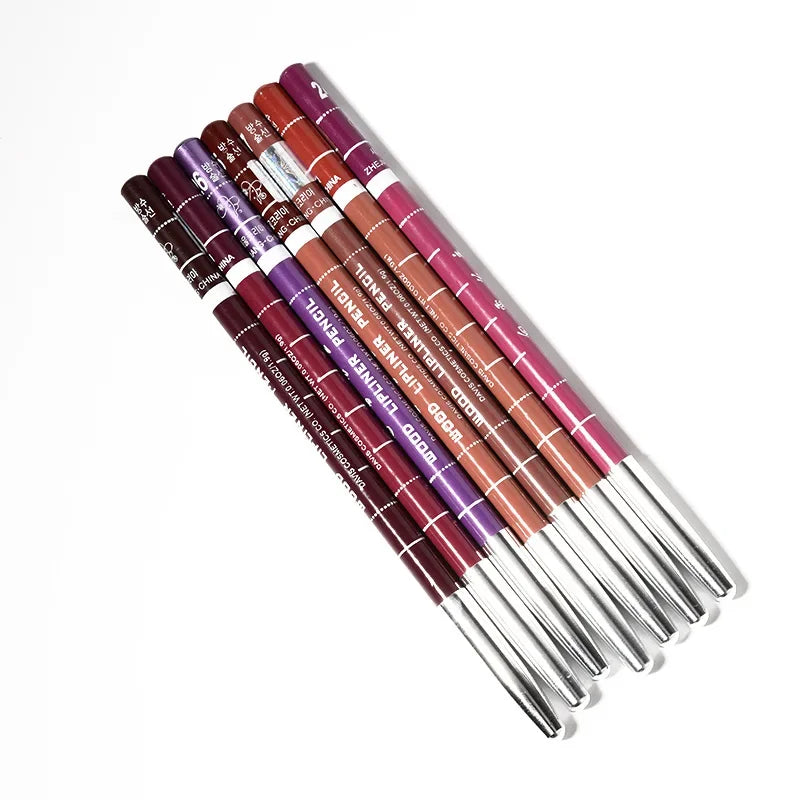 Set of multi-color velvet matte lip liner pencils for long-lasting waterproof lip makeup, arranged in a row.
