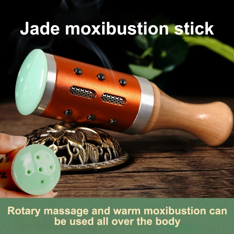 Orange metal and wood jade moxibustion stick for facial beauty, skin tightening, and hot compress therapy massage.