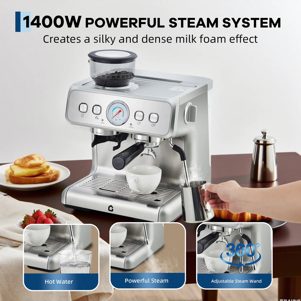 Silver 1400W stainless steel espresso machine with integrated grinder, pressure gauge, and adjustable steam wand.