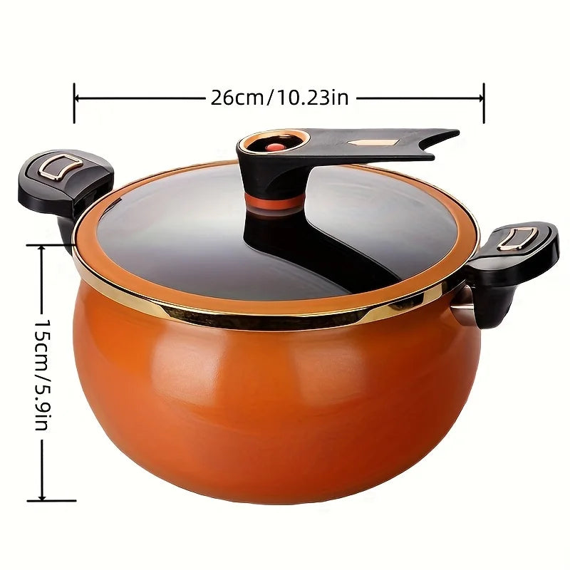 7L micro pressure cooker with orange pot and glass lid, gold rim, black side handles