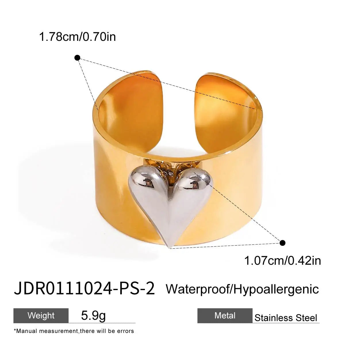 Tidesmit gold stainless steel open ring featuring a silver heart accent with annotated size measurements.