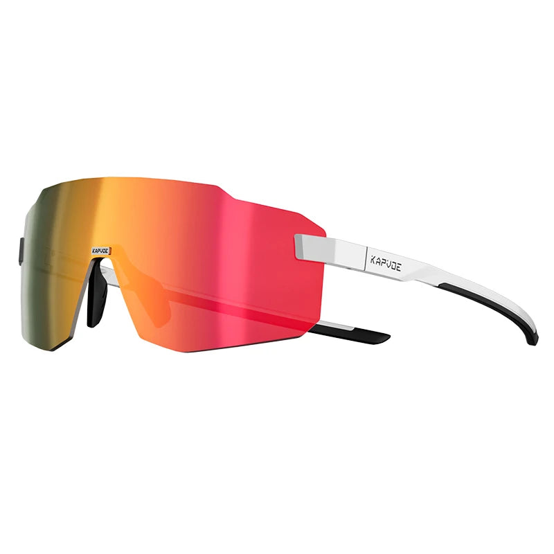 Sport cycling sunglasses with red-orange mirrored lenses and white frame