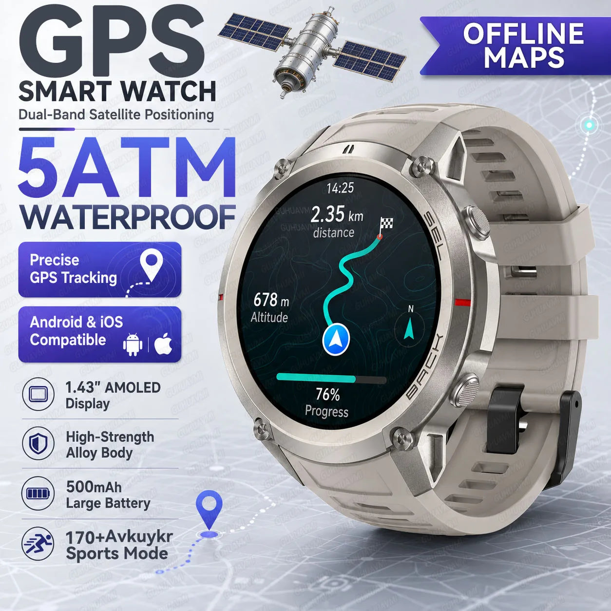 New Outdoor Sport GPS Position Smart Watch Men 1.43'AMOLED 170+Sport Mode 5ATM Waterproof Heart Rate Fitness Tracker Bracelets