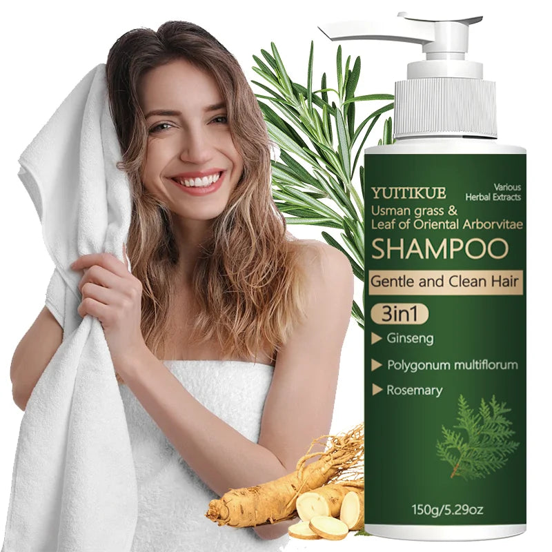 Usman Grass and Oriental Cedar Leaf Shampoo, strengthens hair roots, controls oil, cleanses the scalp, and promotes hair growth