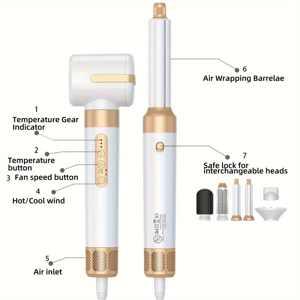 White and gold 7-in-1 professional hair dryer styling set with interchangeable heads and high-speed brushless motor.