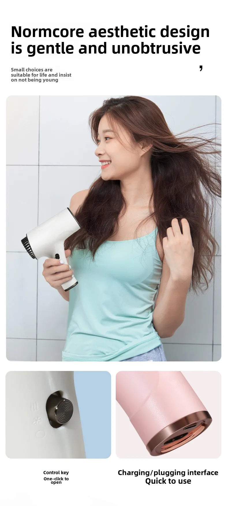 Wireless portable hair dryer in white with one-click control, negative ion tech, and charging base for fast styling.