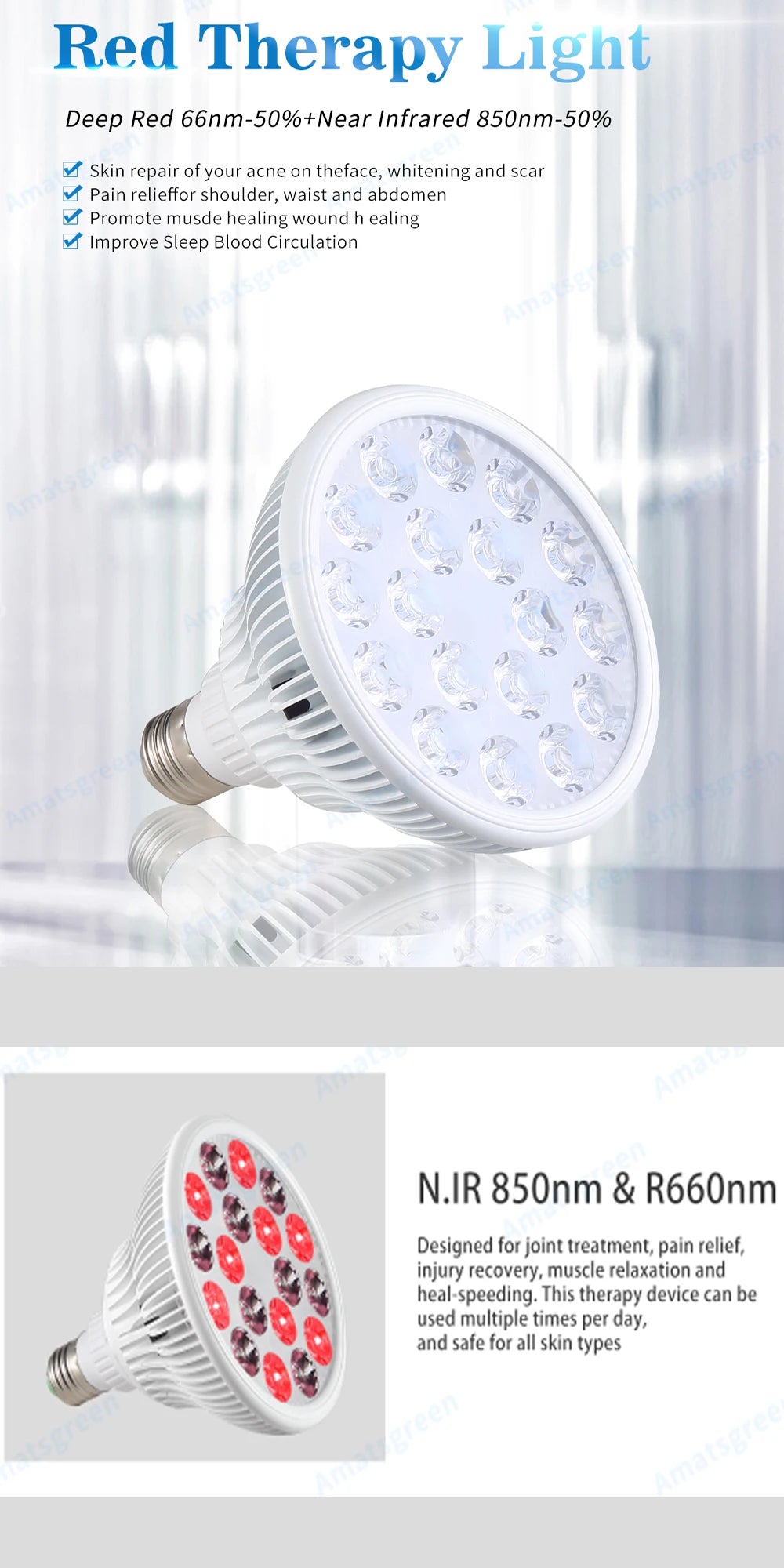 54W Red LED Light Therapy Bulb 630nm 660nm 810nm 830nm 850nm Infrared Light Bulb E27 Red Light