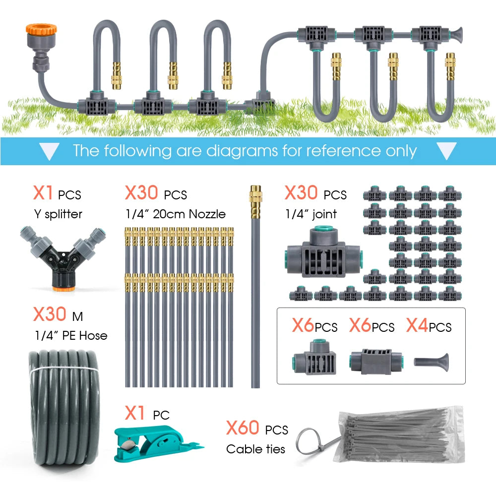 1/4'' Flexible 360° Rotary Adjustment Brass Nozzle Irrigation Set Quick Connection Automatic Atomization Garden Watering System